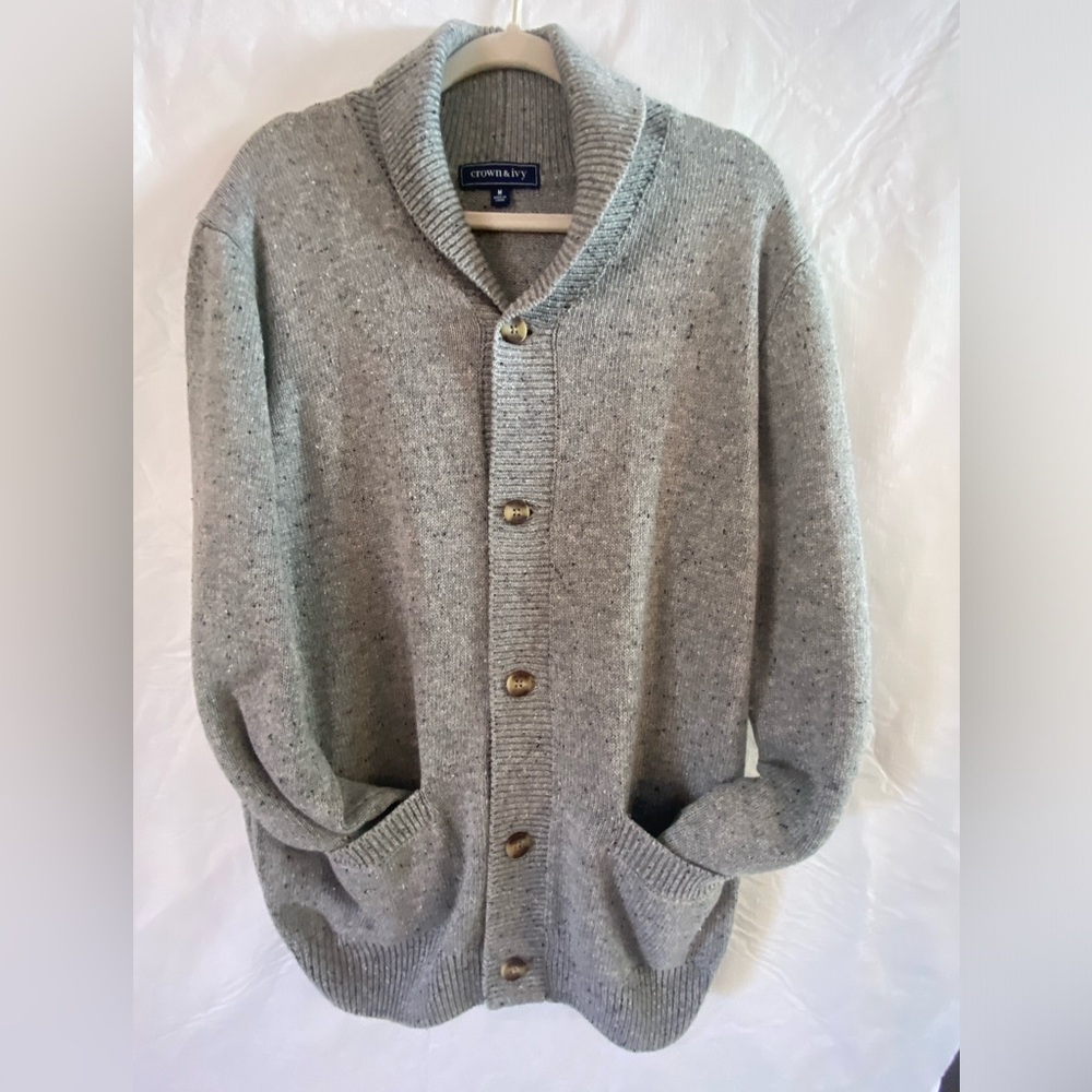 Crown & Ivy men’s gray chunky knit shawl cardigan sweater w,Pockets ft buttons